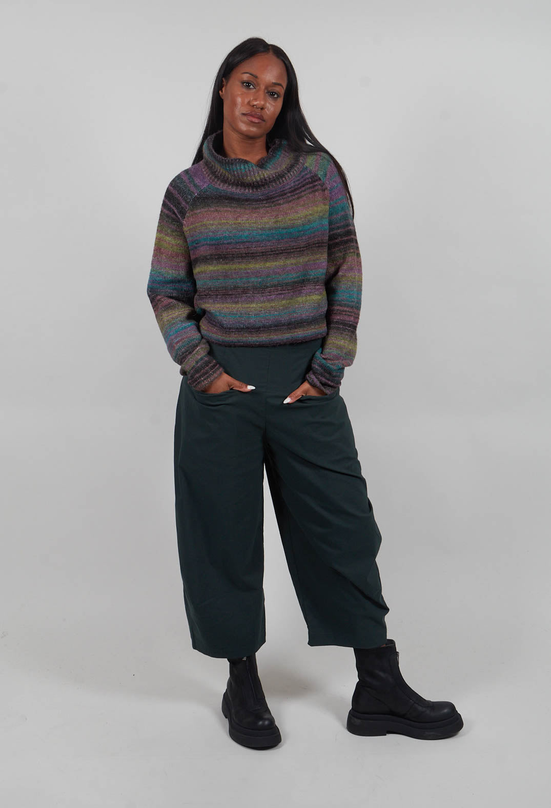 Ribbed Funnel Neck Jumper in Forest Varieté  - 3730708