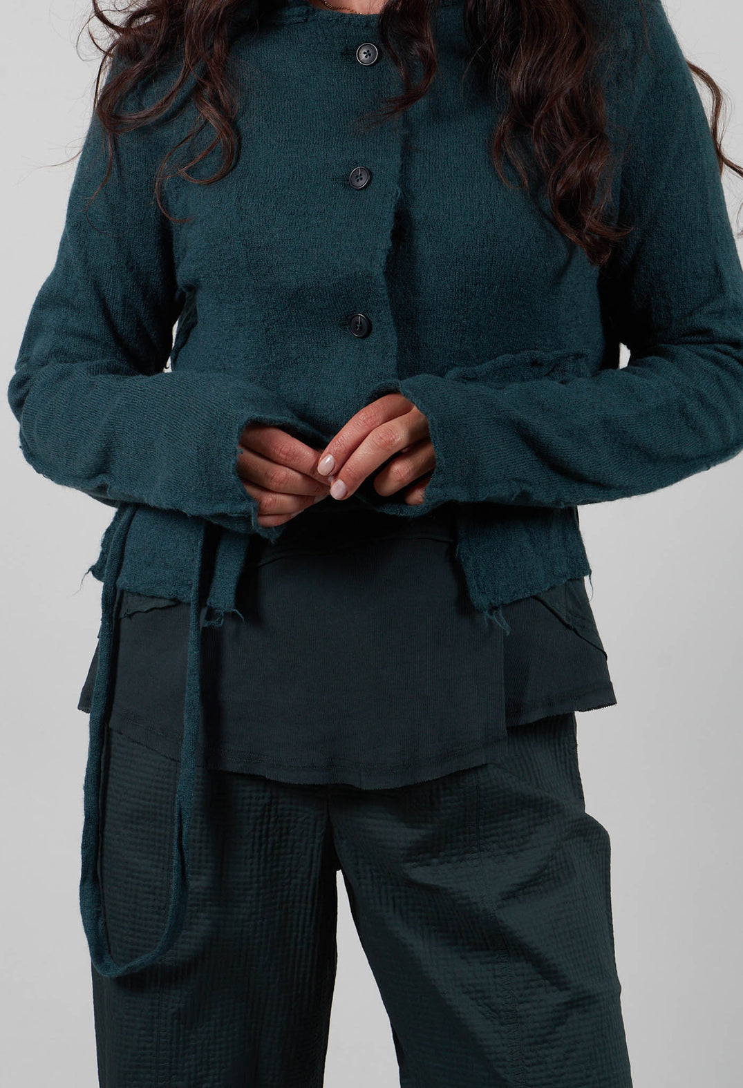 Cropped Cardigan with Raw Edges in Forest  - 3897106