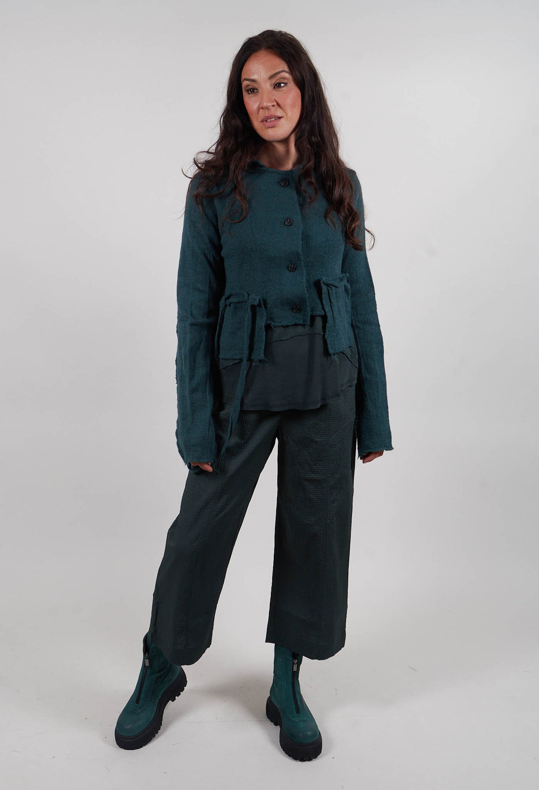 Cropped Cardigan with Raw Edges in Forest  - 3897106