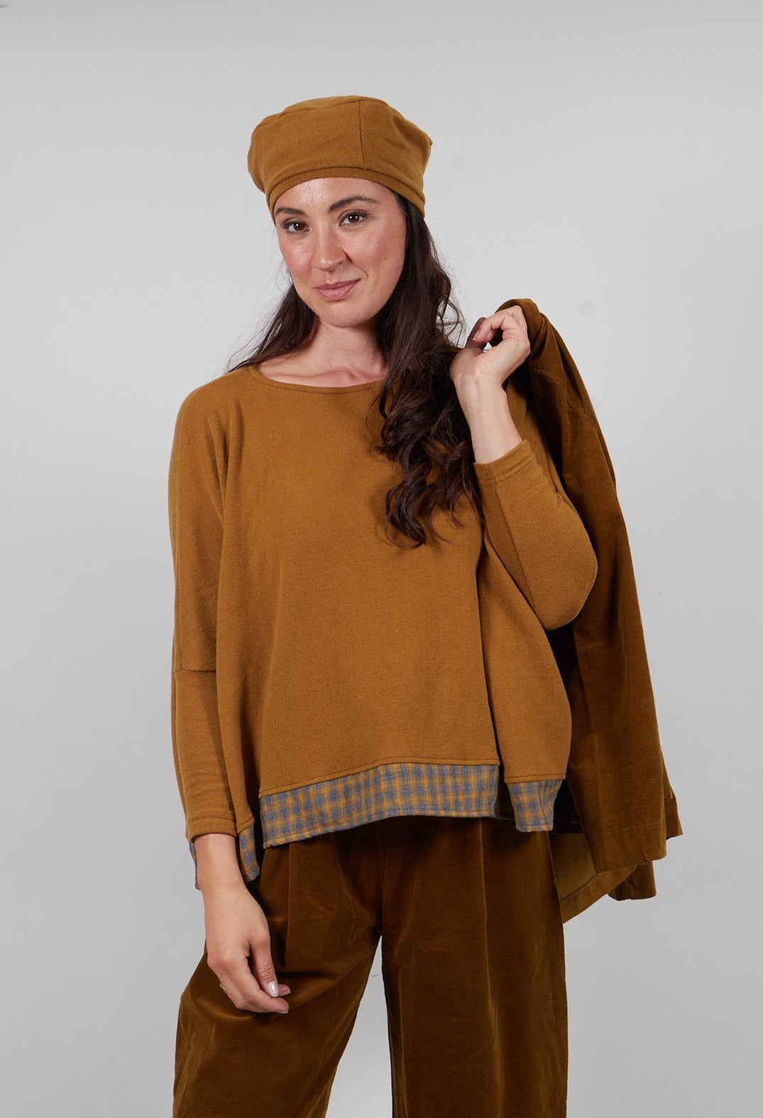 Bamboo Jumper with Check Trim in Caramello