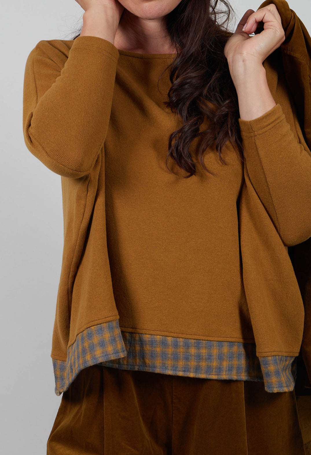 Bamboo Jumper with Check Trim in Caramello