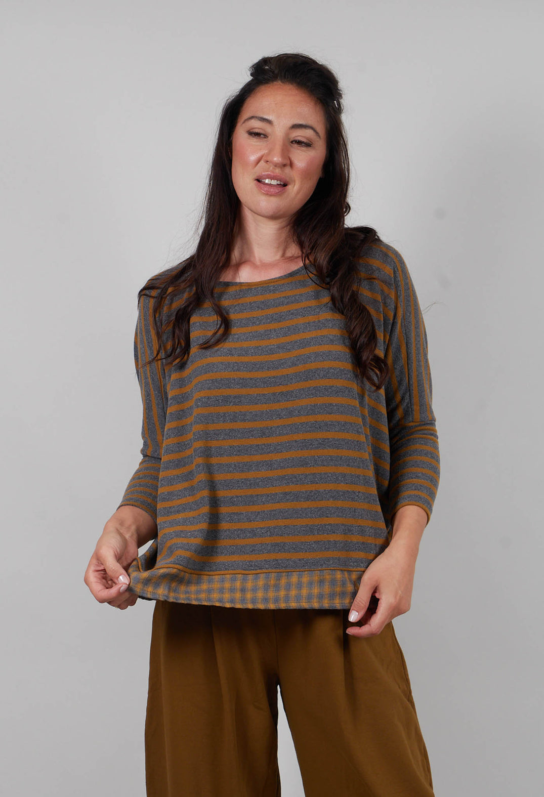 Bamboo Jumper with Check Trim in Grigio Stripe