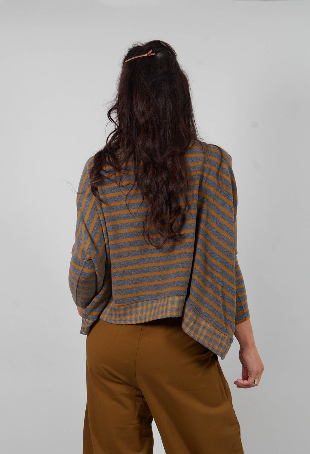 Bamboo Jumper with Check Trim in Grigio Stripe