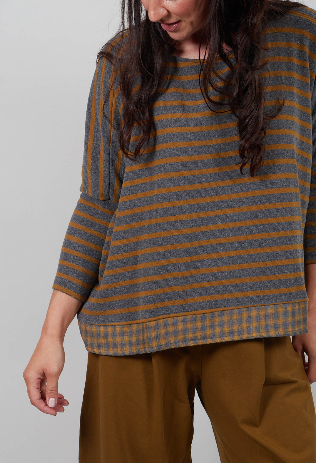 Bamboo Jumper with Check Trim in Grigio Stripe