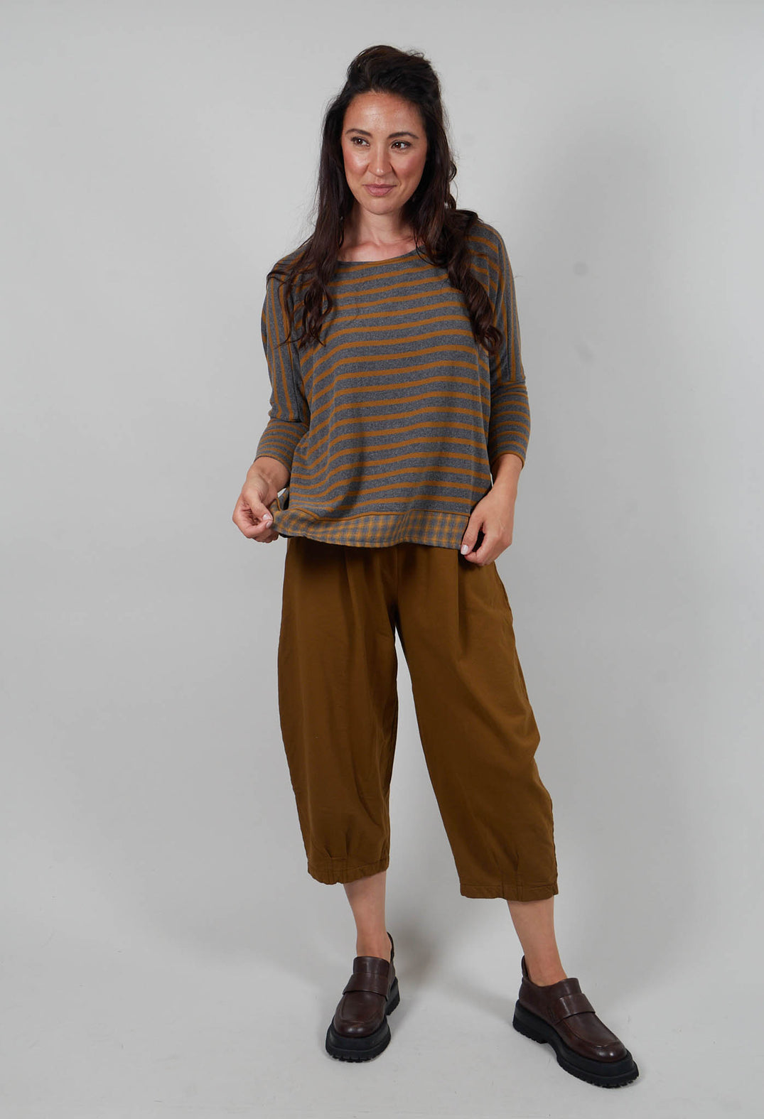Bamboo Jumper with Check Trim in Grigio Stripe