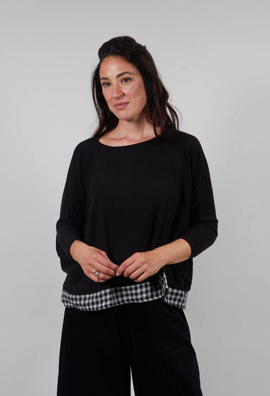 Bamboo Jumper with Check Trim in Nero