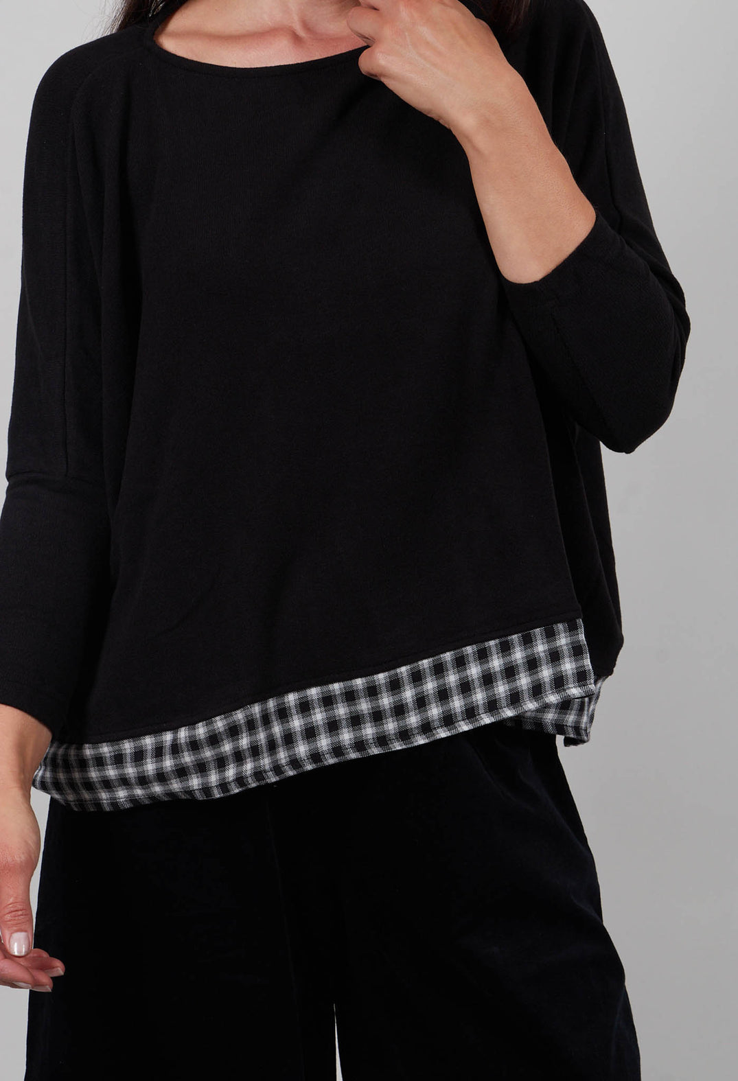 Bamboo Jumper with Check Trim in Nero