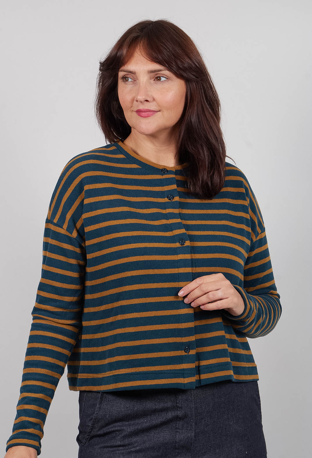 Leah R Cardigan in Caramello Wide Stripe