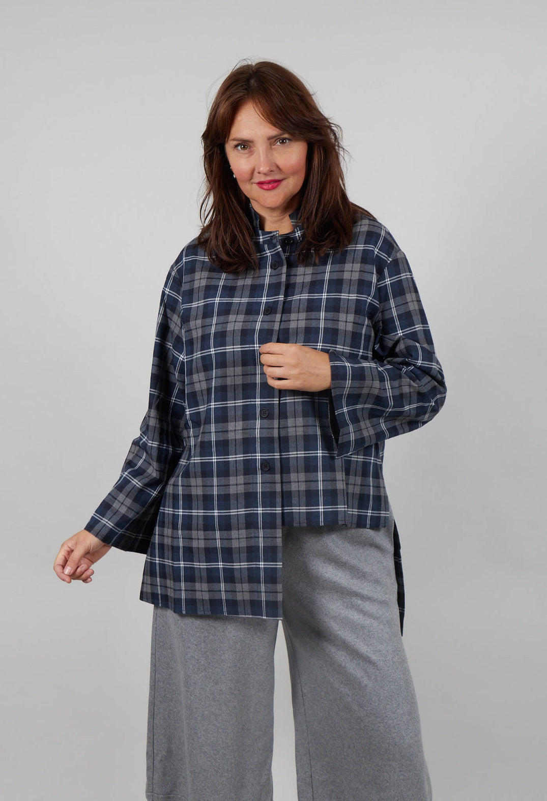 Stand Up Collar Shirt in Grey Marine Check
