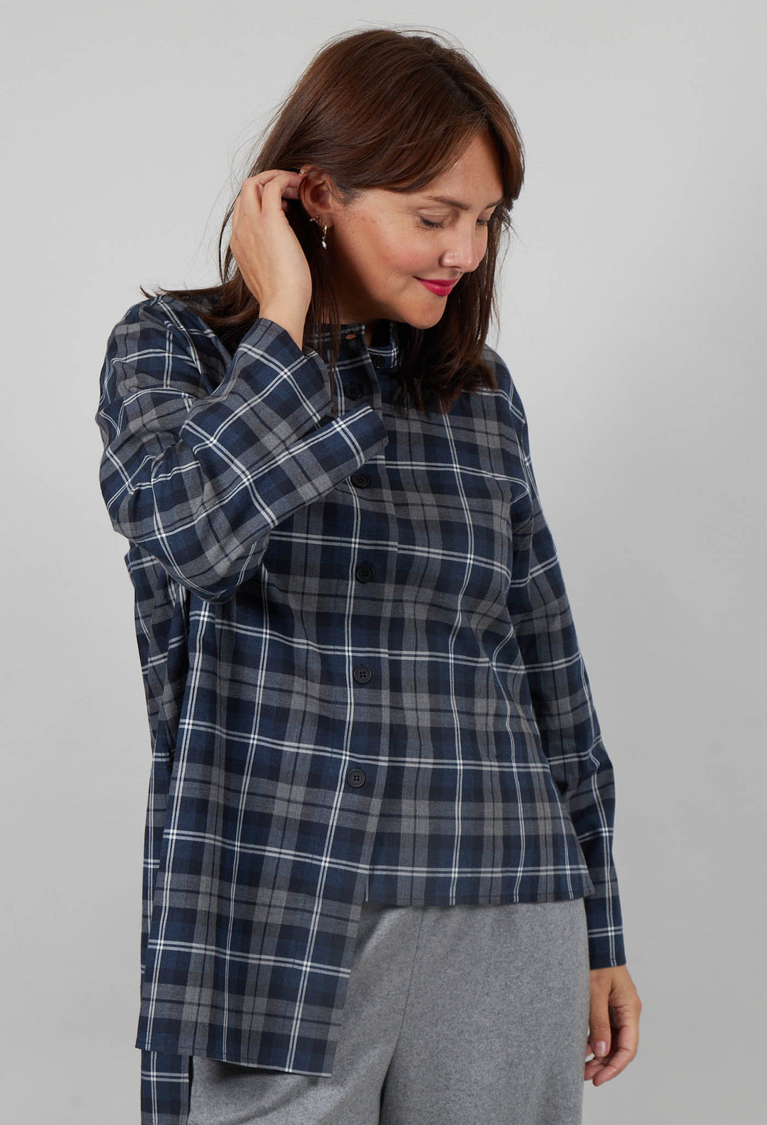 Stand Up Collar Shirt in Grey Marine Check