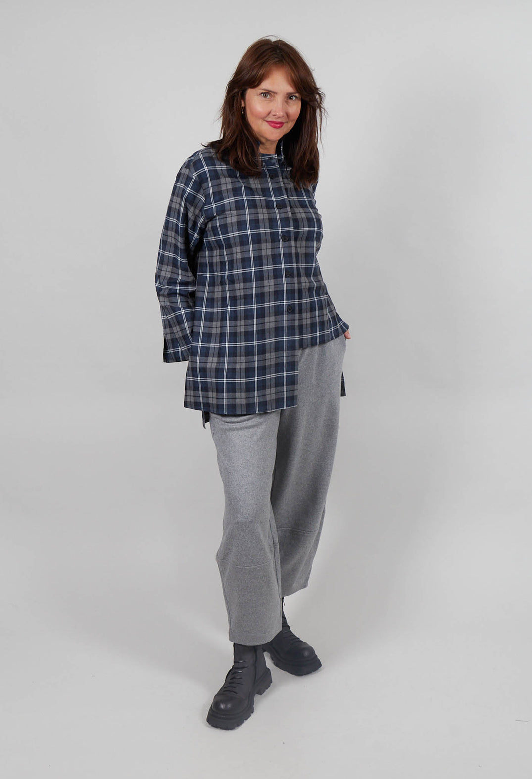 Stand Up Collar Shirt in Grey Marine Check