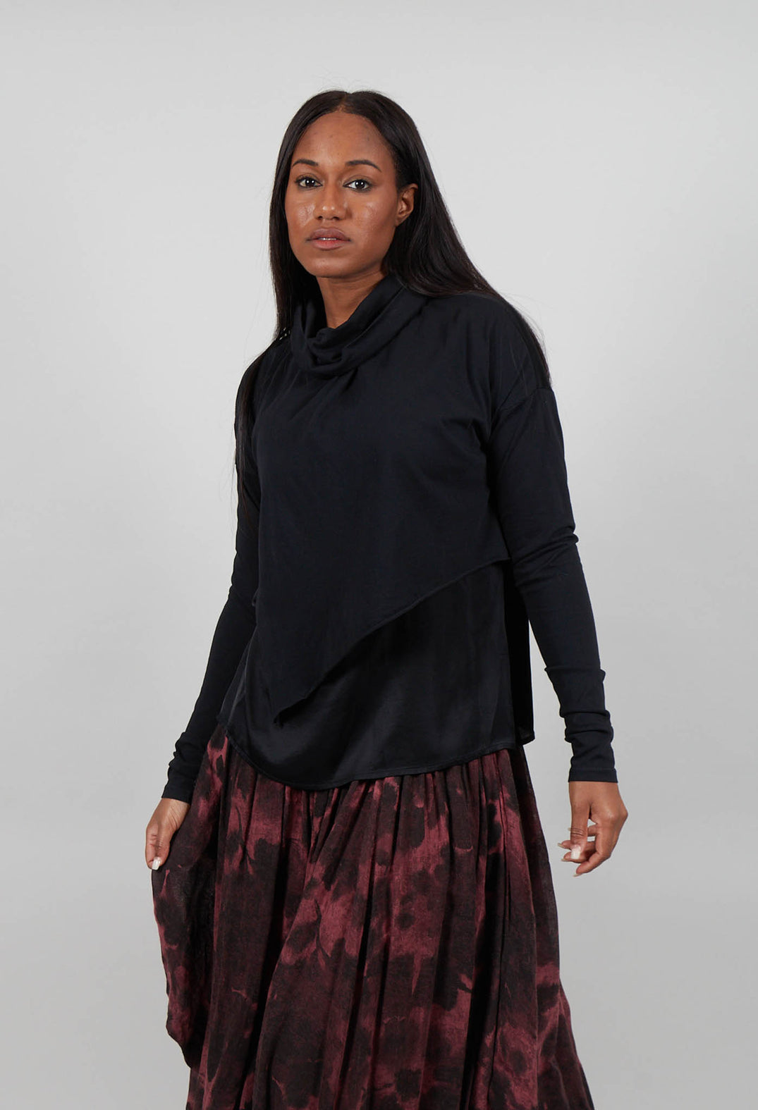 Asymmetric High-Neck T-Shirt in Black