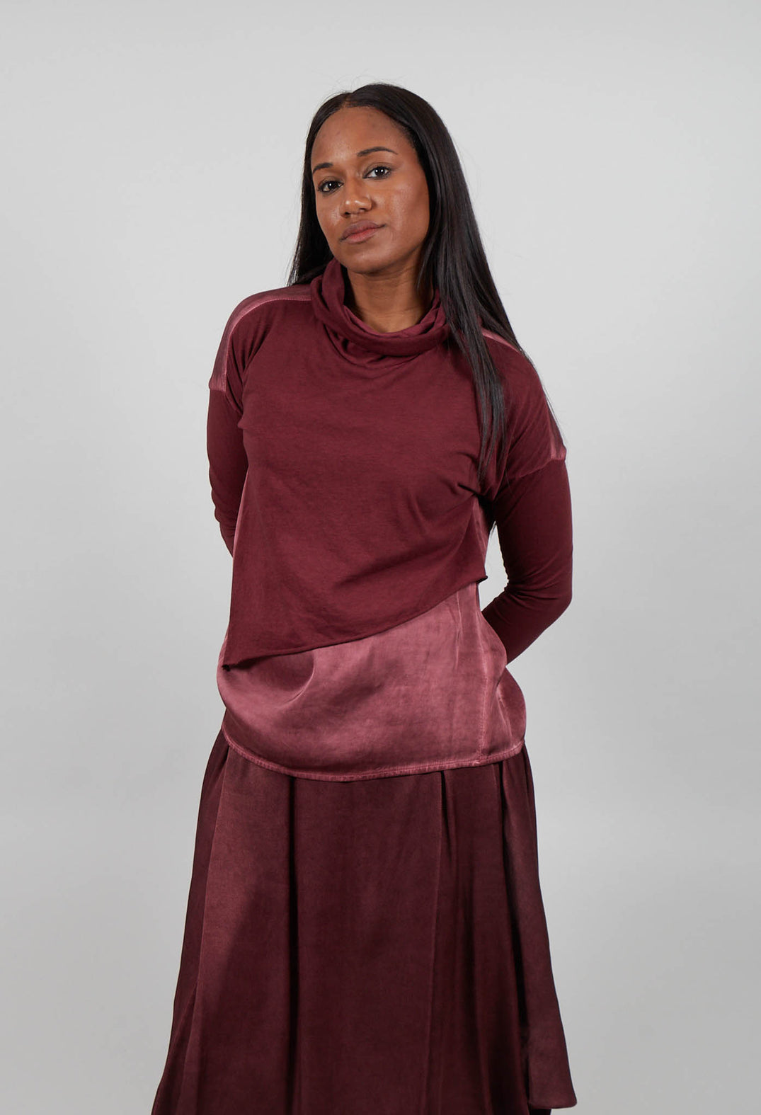 Asymmetric High-Neck T-Shirt in Red Amethyst