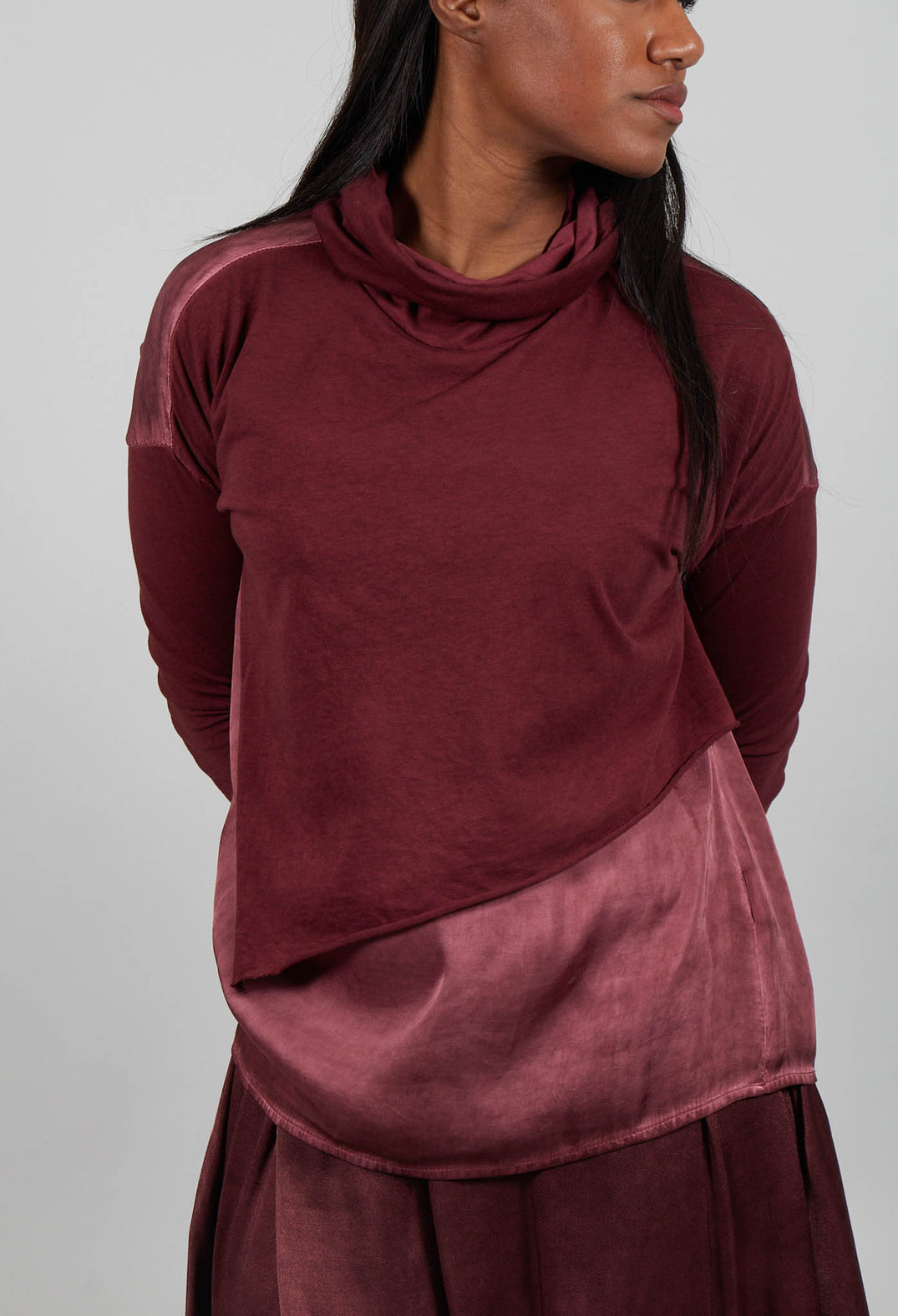 Asymmetric High-Neck T-Shirt in Red Amethyst