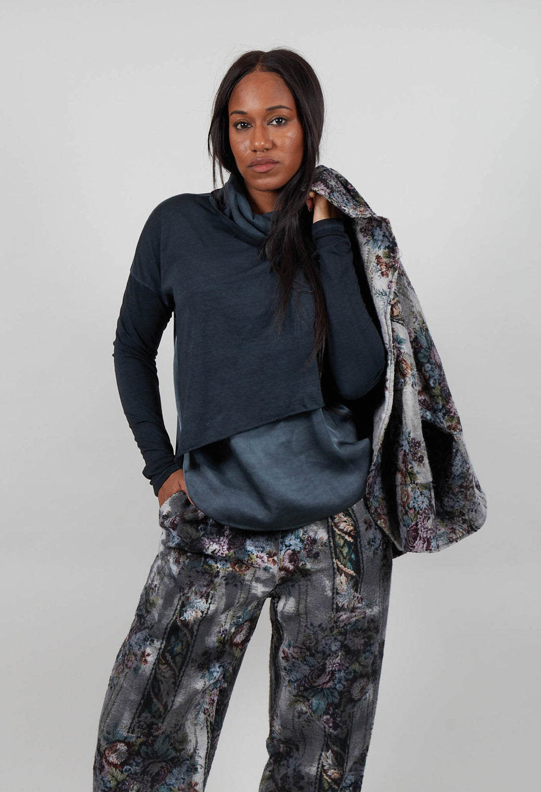 Asymmetric High-Neck T-Shirt in Ultramarine Petrol