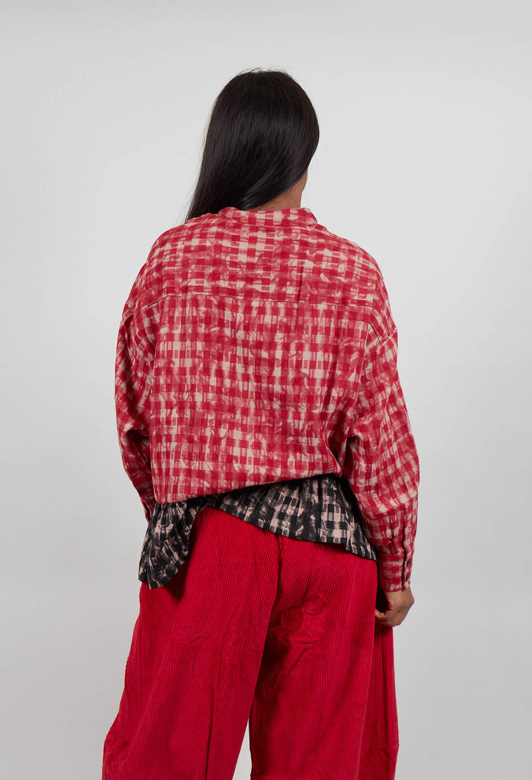 Collarless Check Shirt in Red