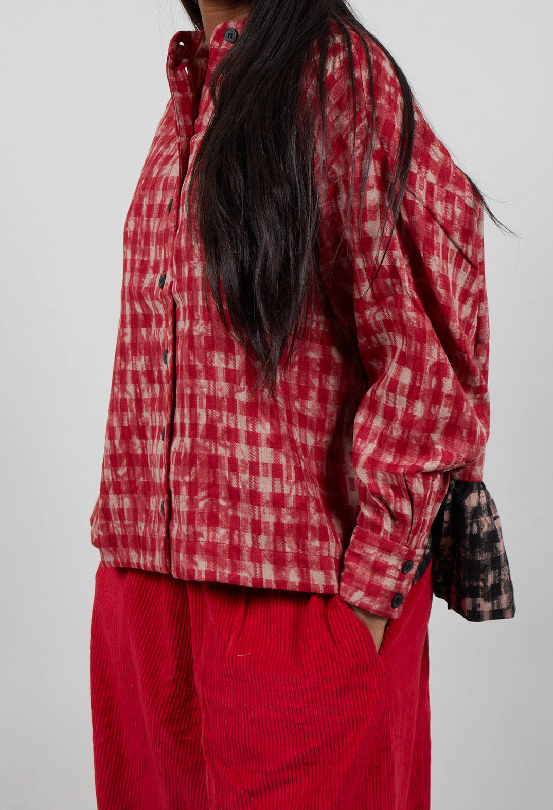 Collarless Check Shirt in Red