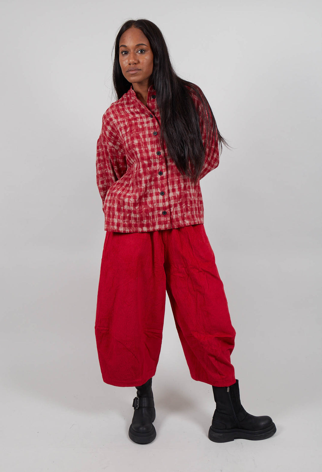 Collarless Check Shirt in Red