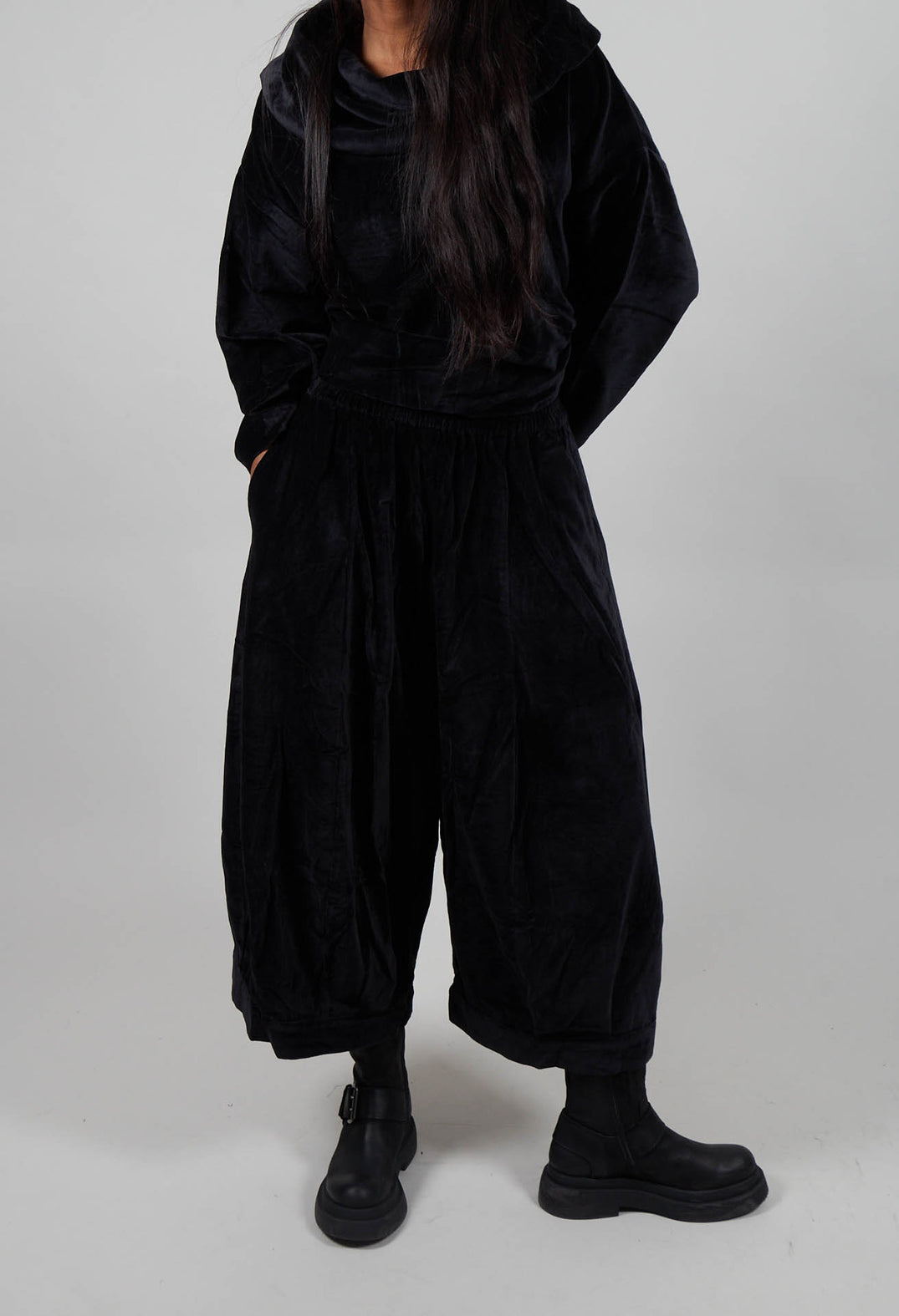 Velvet Wide Leg Drop Crotch Trouser in Black