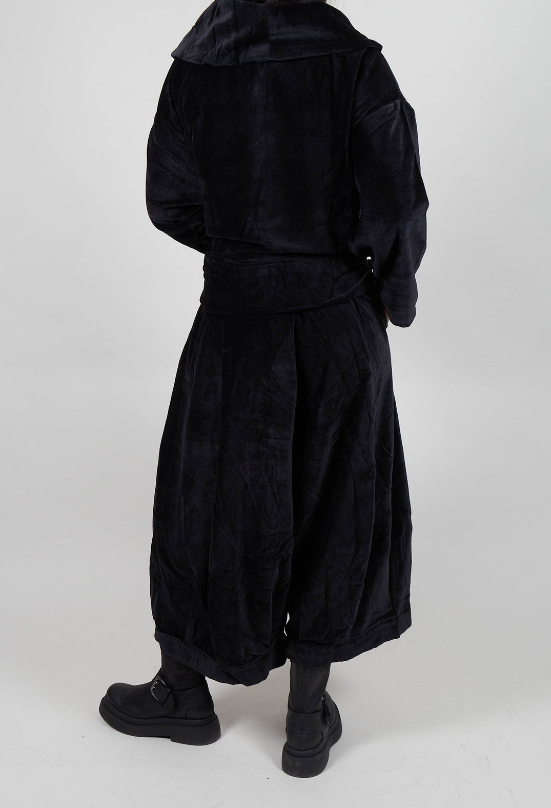 Velvet Wide Leg Drop Crotch Trouser in Black