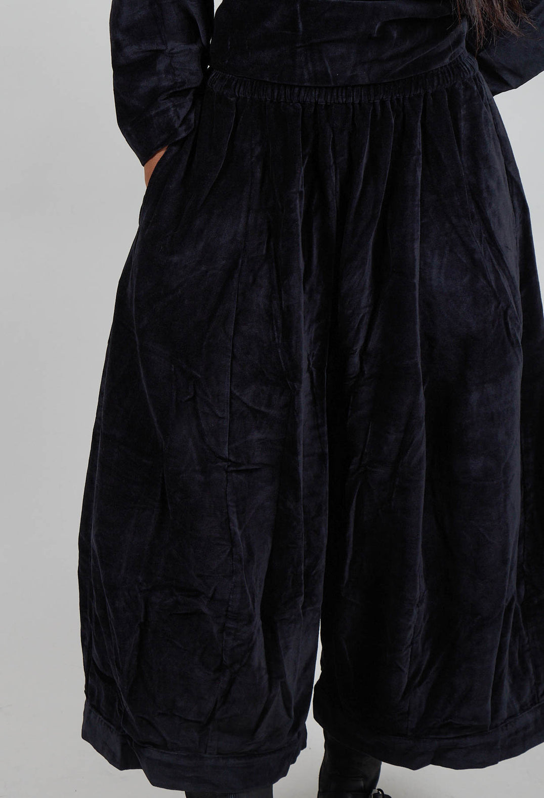 Velvet Wide Leg Drop Crotch Trouser in Black