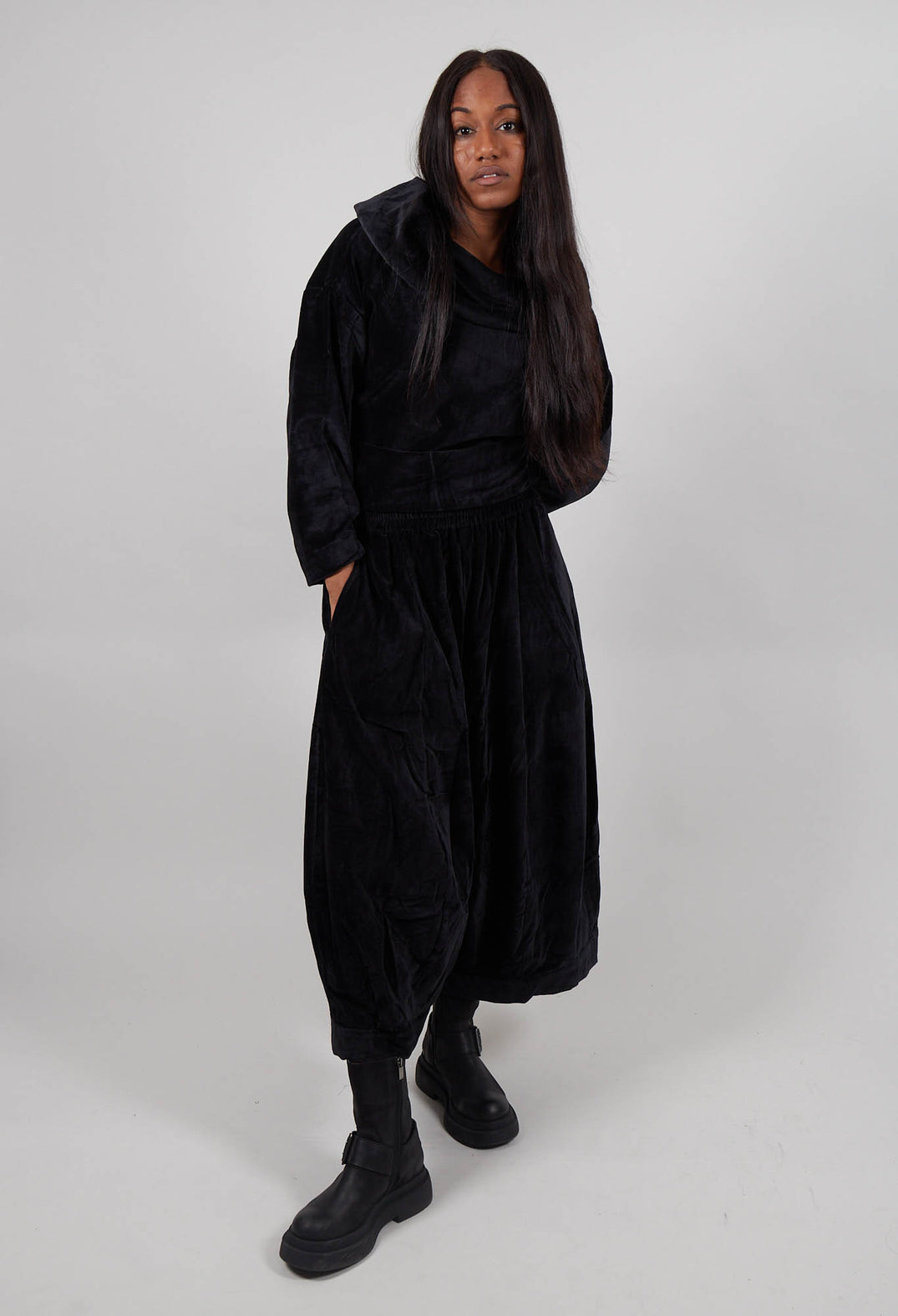 Velvet Wide Leg Drop Crotch Trouser in Black
