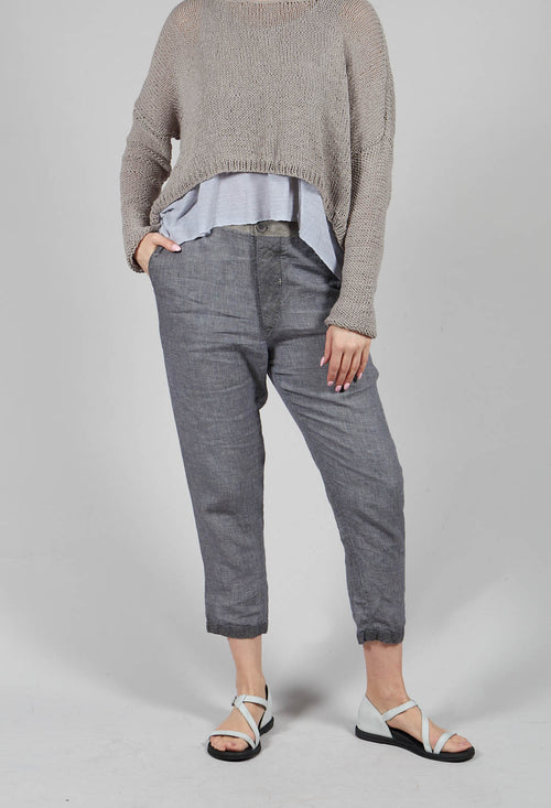 High Waisted Cropped Linen Trousers in Blue Original