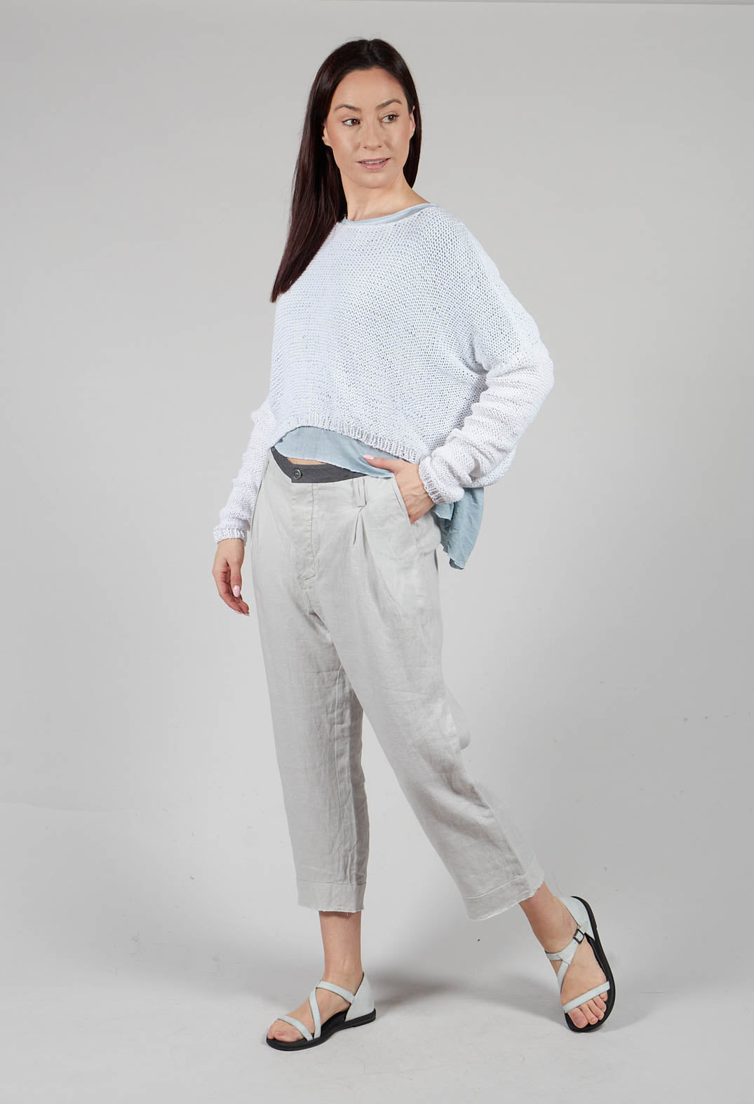 High Waisted Cropped Trousers with Fringed Hem in Grey Original