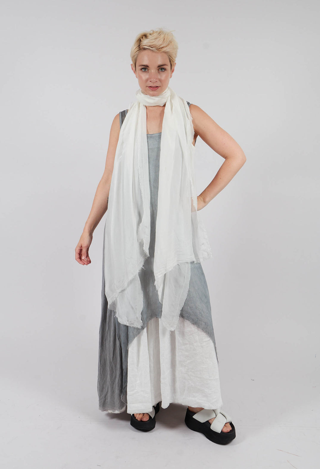 Sleeveless Sheer Dress with Drop Hem in Light Grey