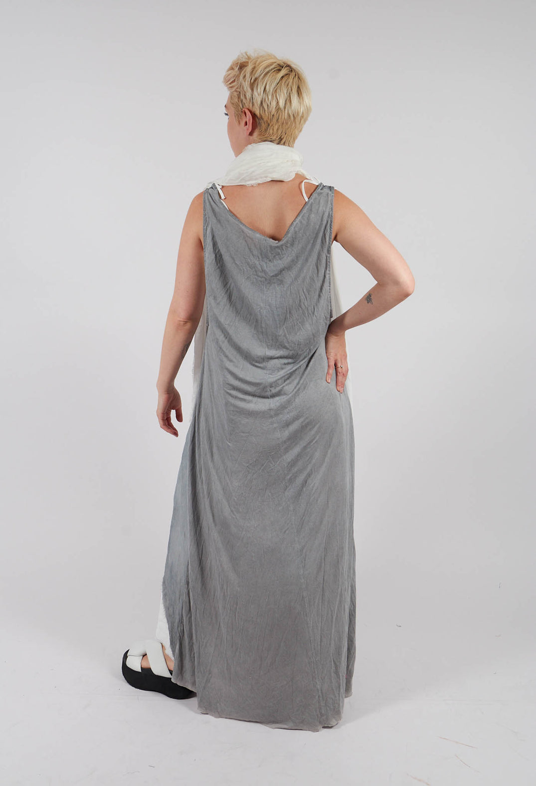 Sleeveless Sheer Dress with Drop Hem in Light Grey