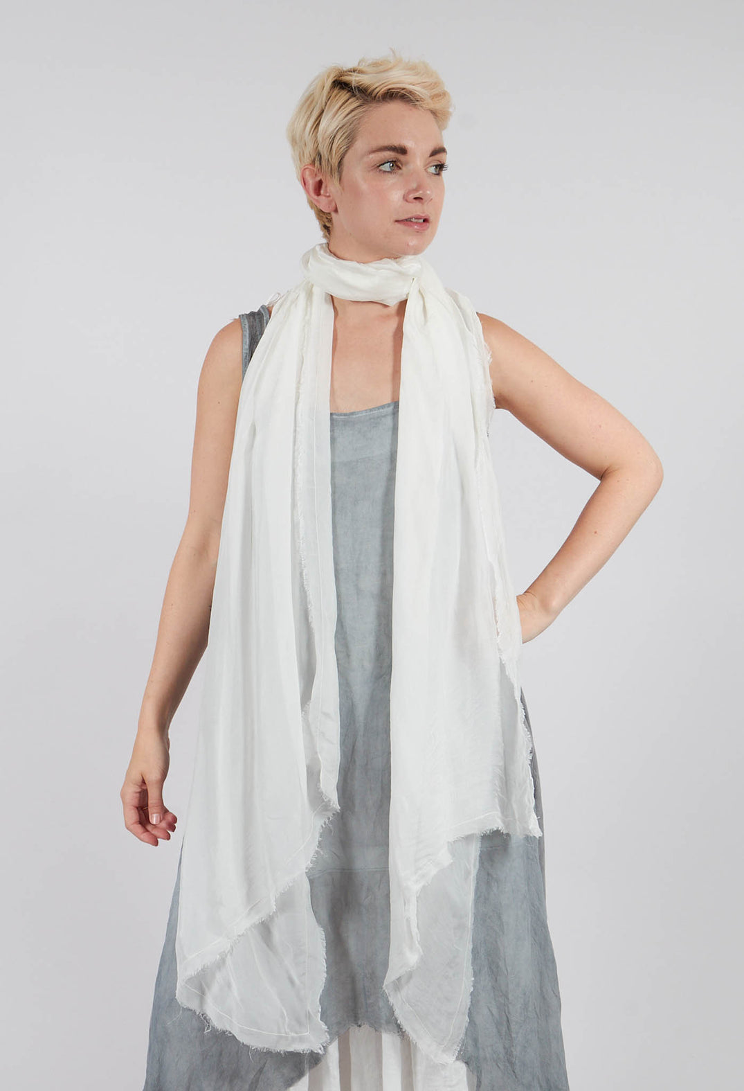 Sleeveless Sheer Dress with Drop Hem in Light Grey