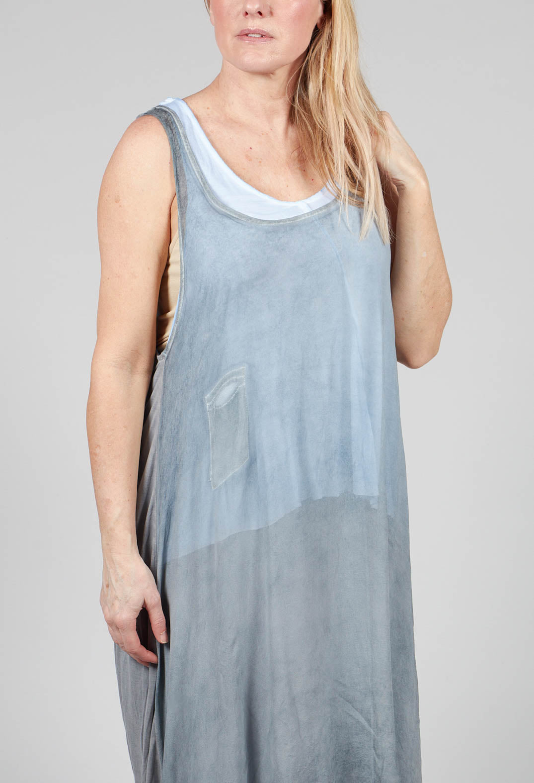 Sleeveless Sheer Dress with Drop Hem in Light Grey