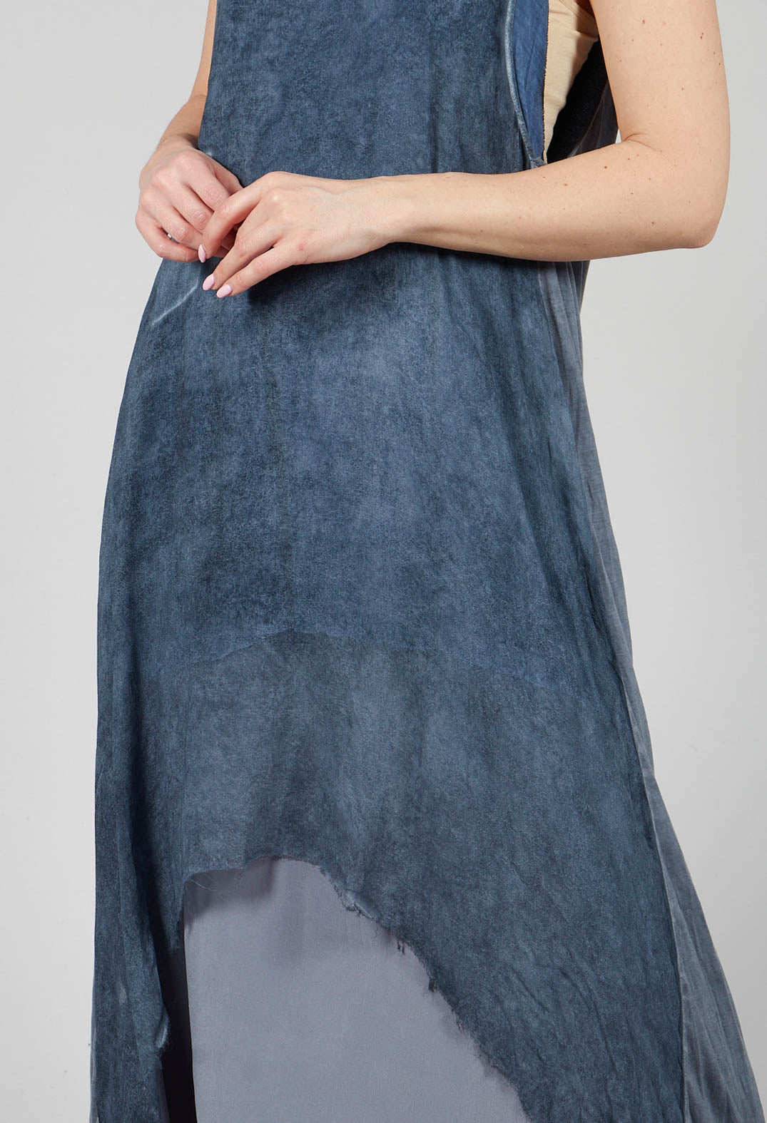 Sleeveless Sheer Dress with Drop Hem in indigo
