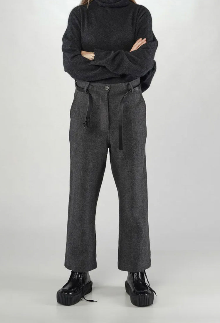 PRE-ORDER - Straight Leg Trousers with Belt in Black (Pictured in Swamp Mel) - 1190104