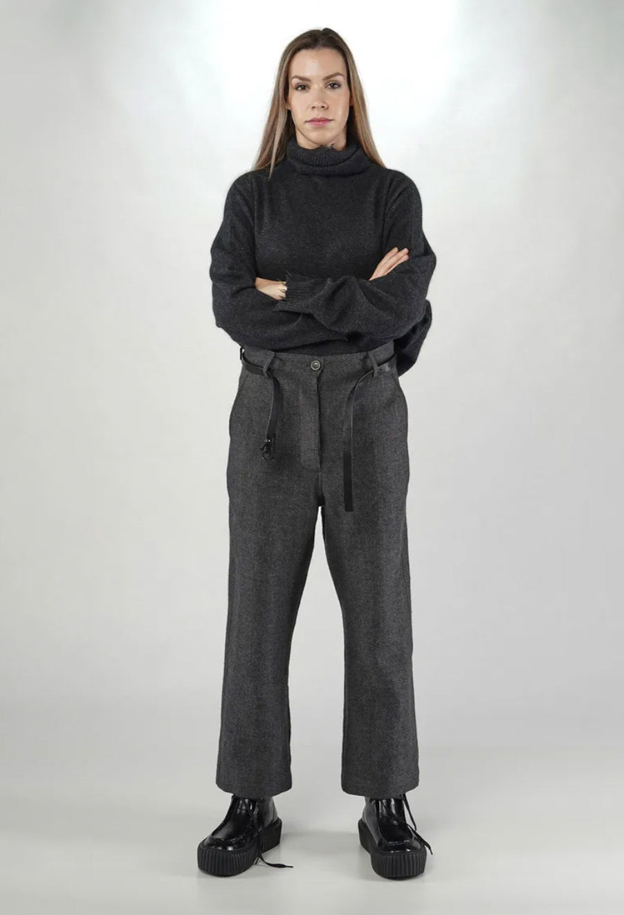 PRE-ORDER - Straight Leg Trousers with Belt in Black (Pictured in Swamp Mel) - 1190104