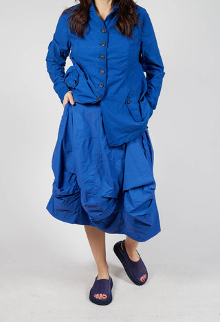 Gathered Midi Skirt with Back Button-Flap Pockets in Royal