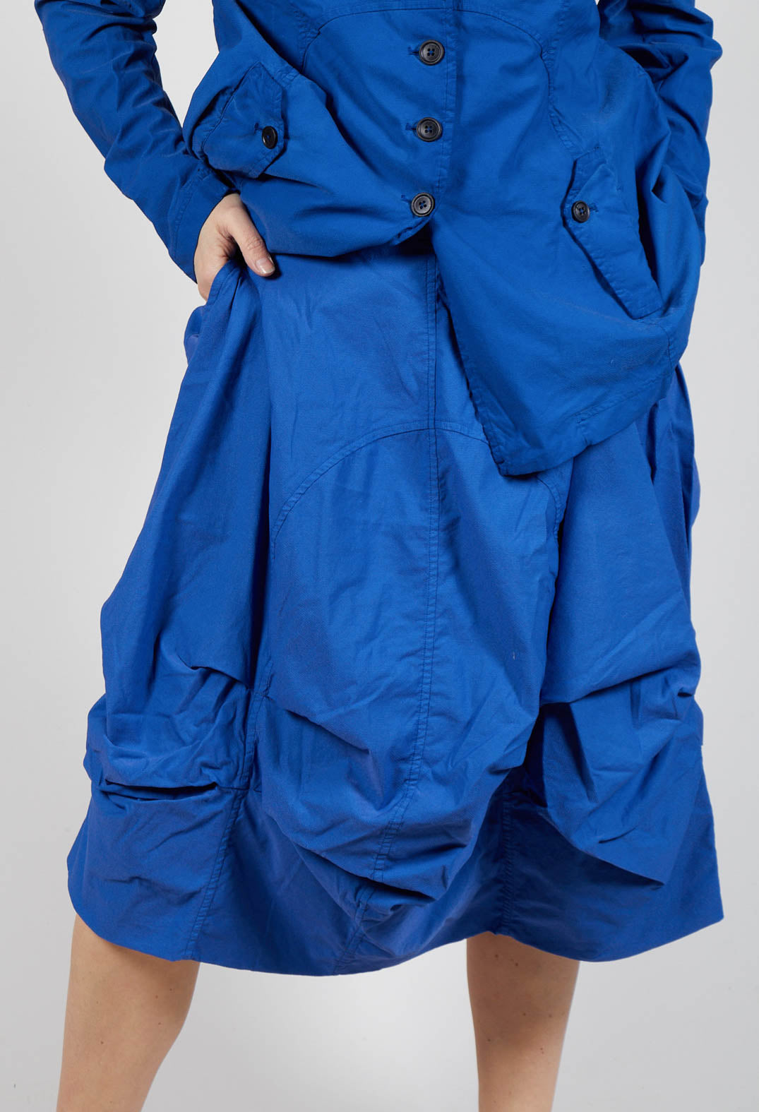 Gathered Midi Skirt with Back Button-Flap Pockets in Royal