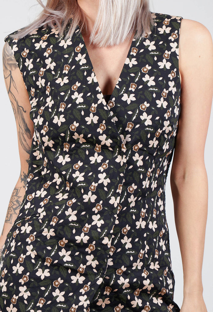 Sleeveless Structured Wrap Dress with Print in Nero