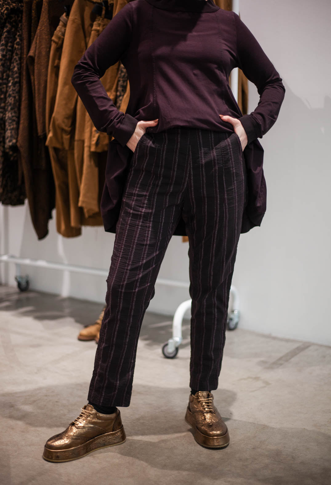 PRE-ORDER - Pull on Straight Leg Trousers in Purple Cloud Stripe - 1240103
