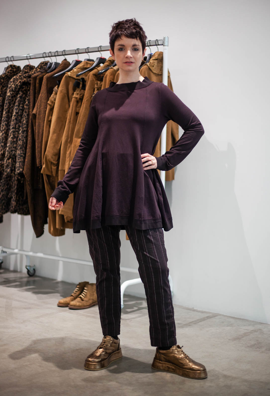 PRE-ORDER - Pull on Straight Leg Trousers in Purple Cloud Stripe - 1240103