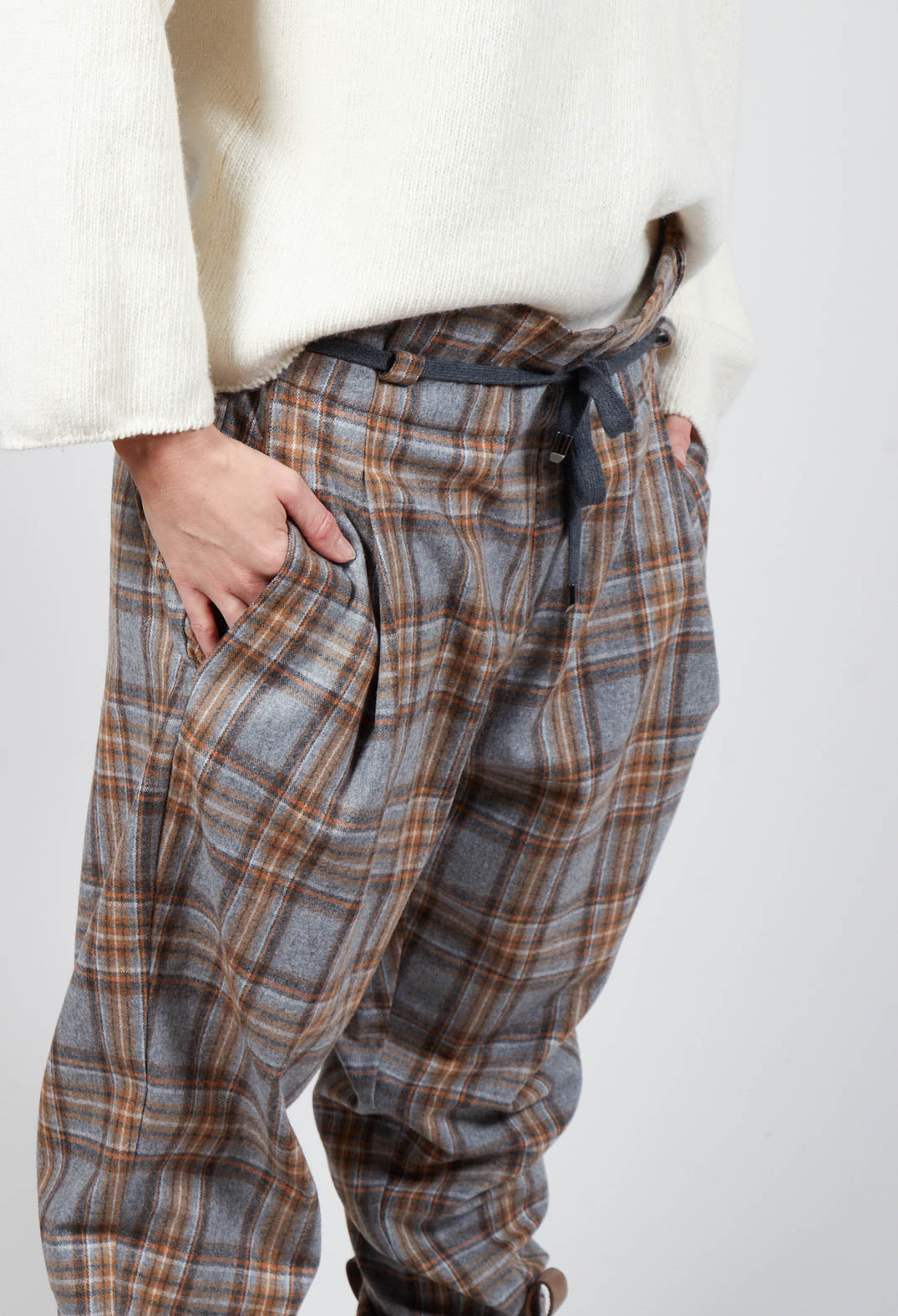 High Waisted Check Trousers in Grey