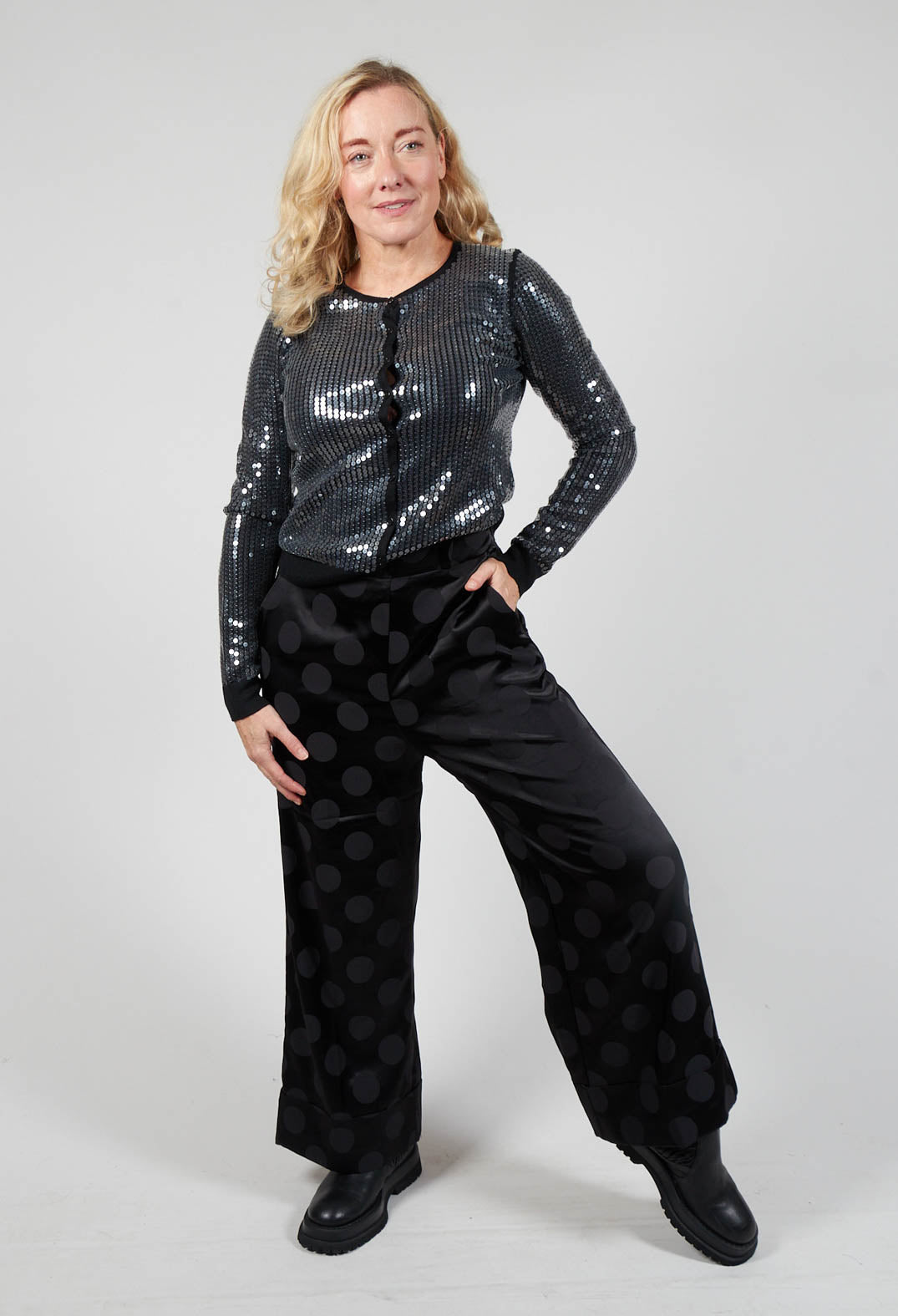Printed Wide Leg Trousers in Nero
