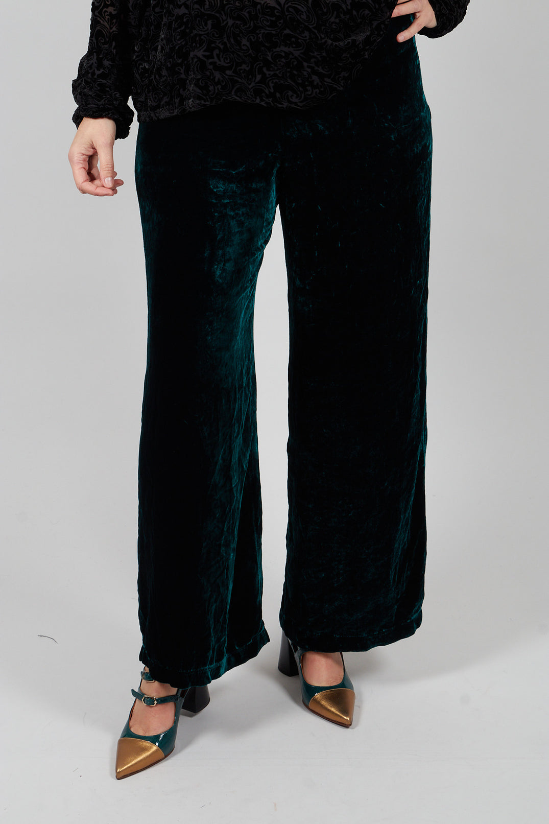 Velvet Wide Leg Trousers in Emerald