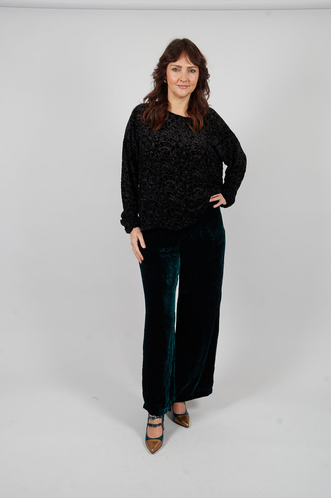 Velvet Wide Leg Trousers in Emerald