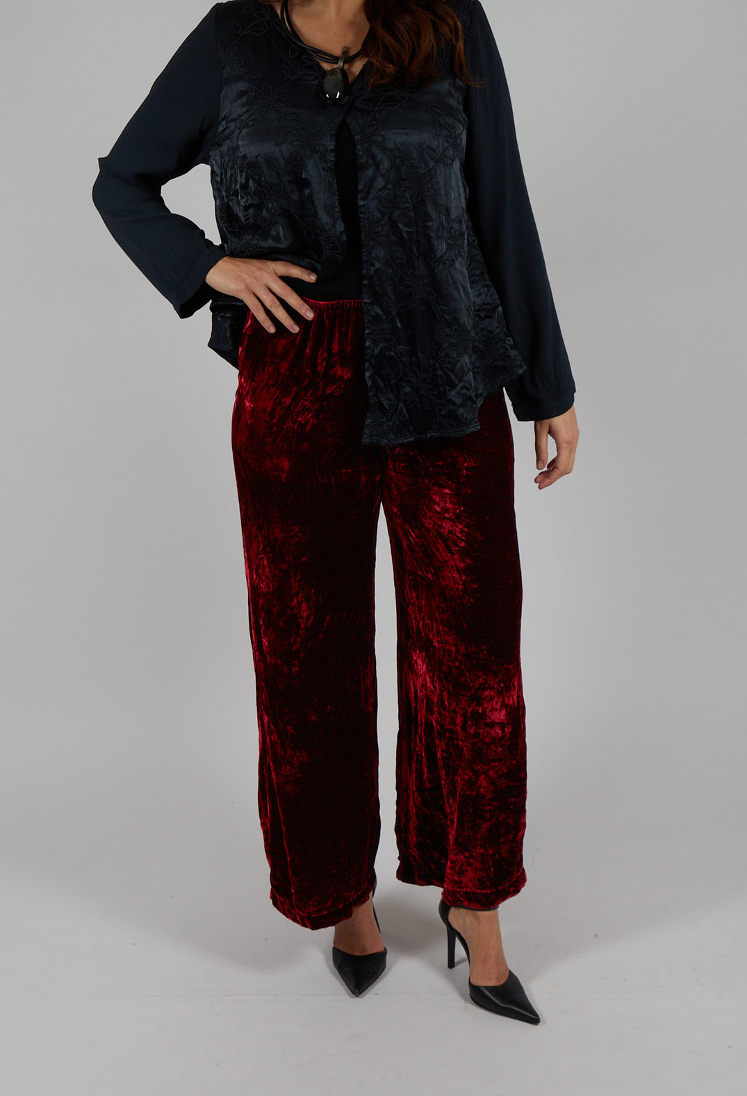 Velvet Wide Leg Trousers in Ruby
