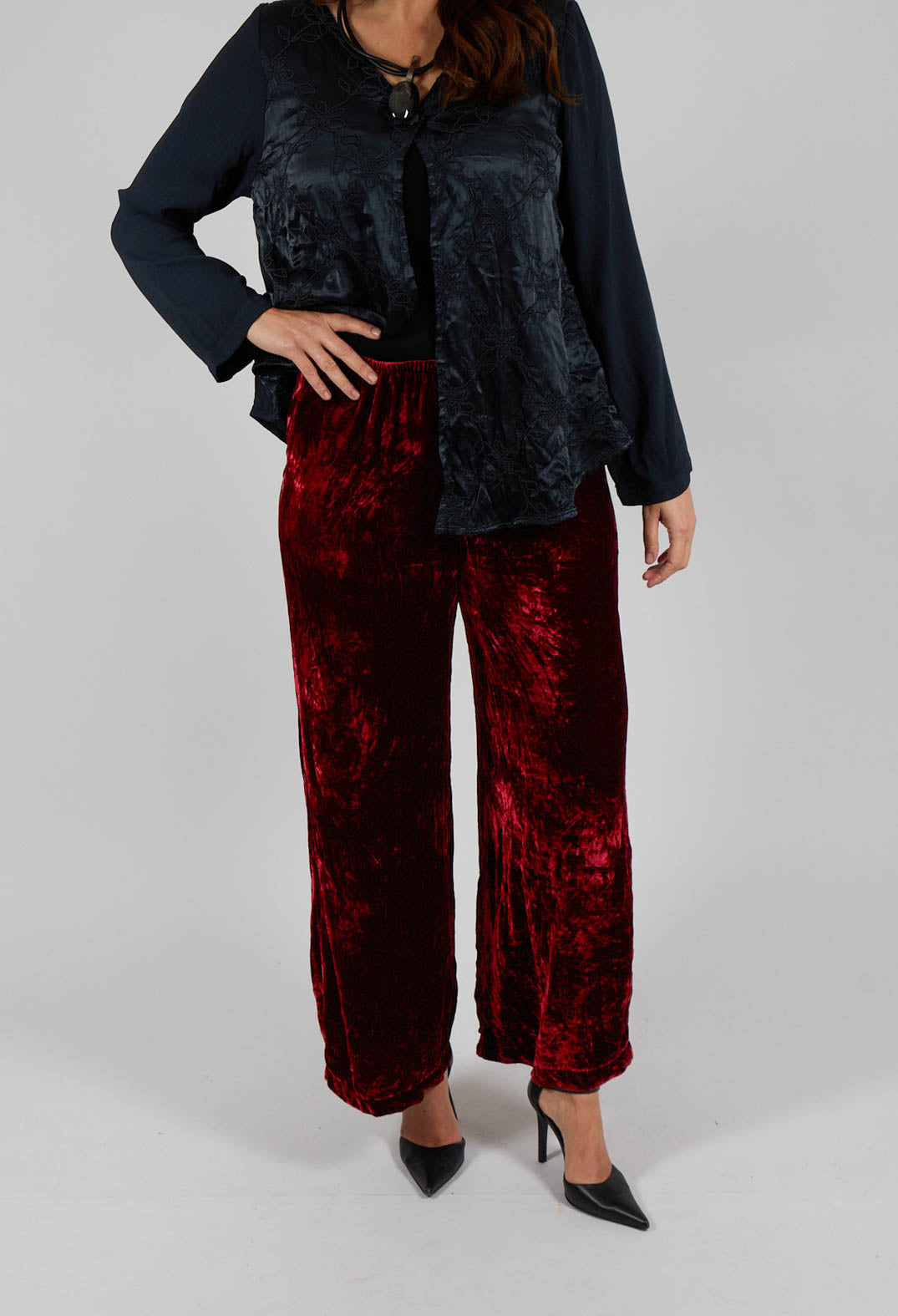 bop様 MASU VELVET WIDE TROUSERS Out of Xile Velvet Wide Leg Trousers in Ruby | Olivia May