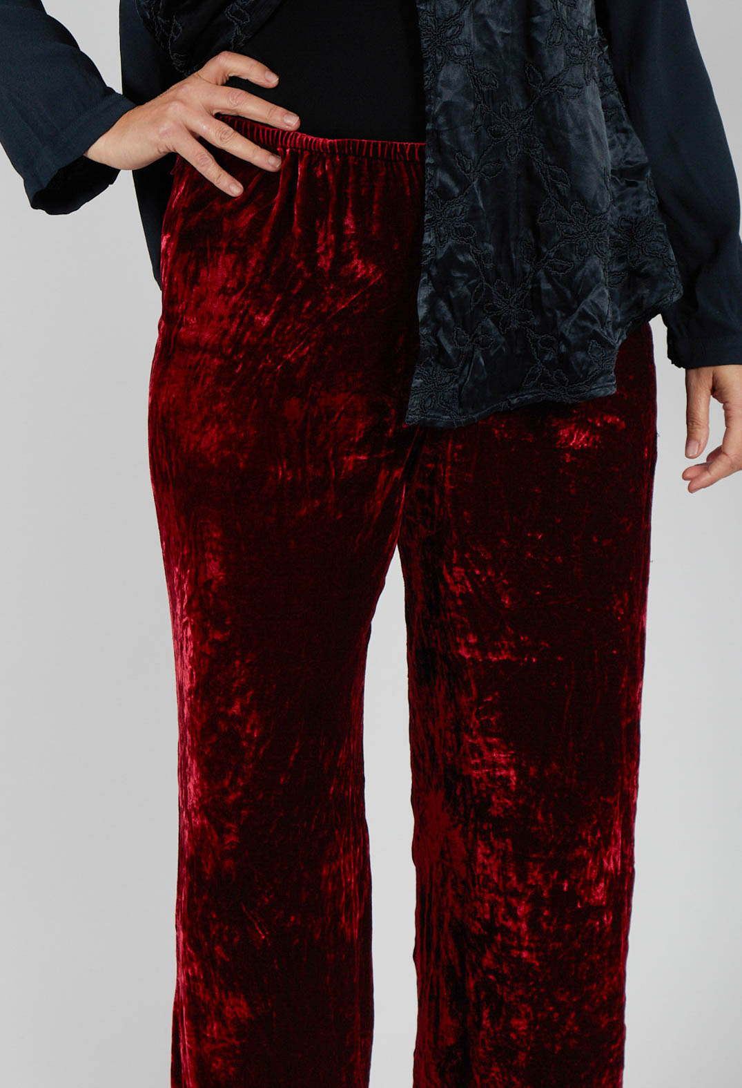 Out of Xile Velvet Wide Leg Trousers in Ruby | Olivia May