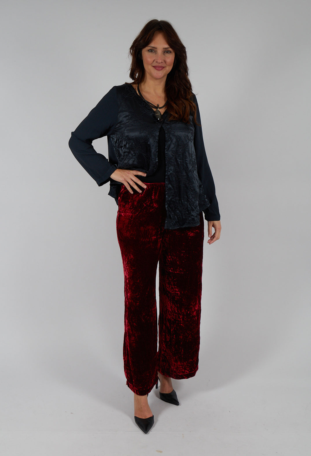 Velvet Wide Leg Trousers in Ruby