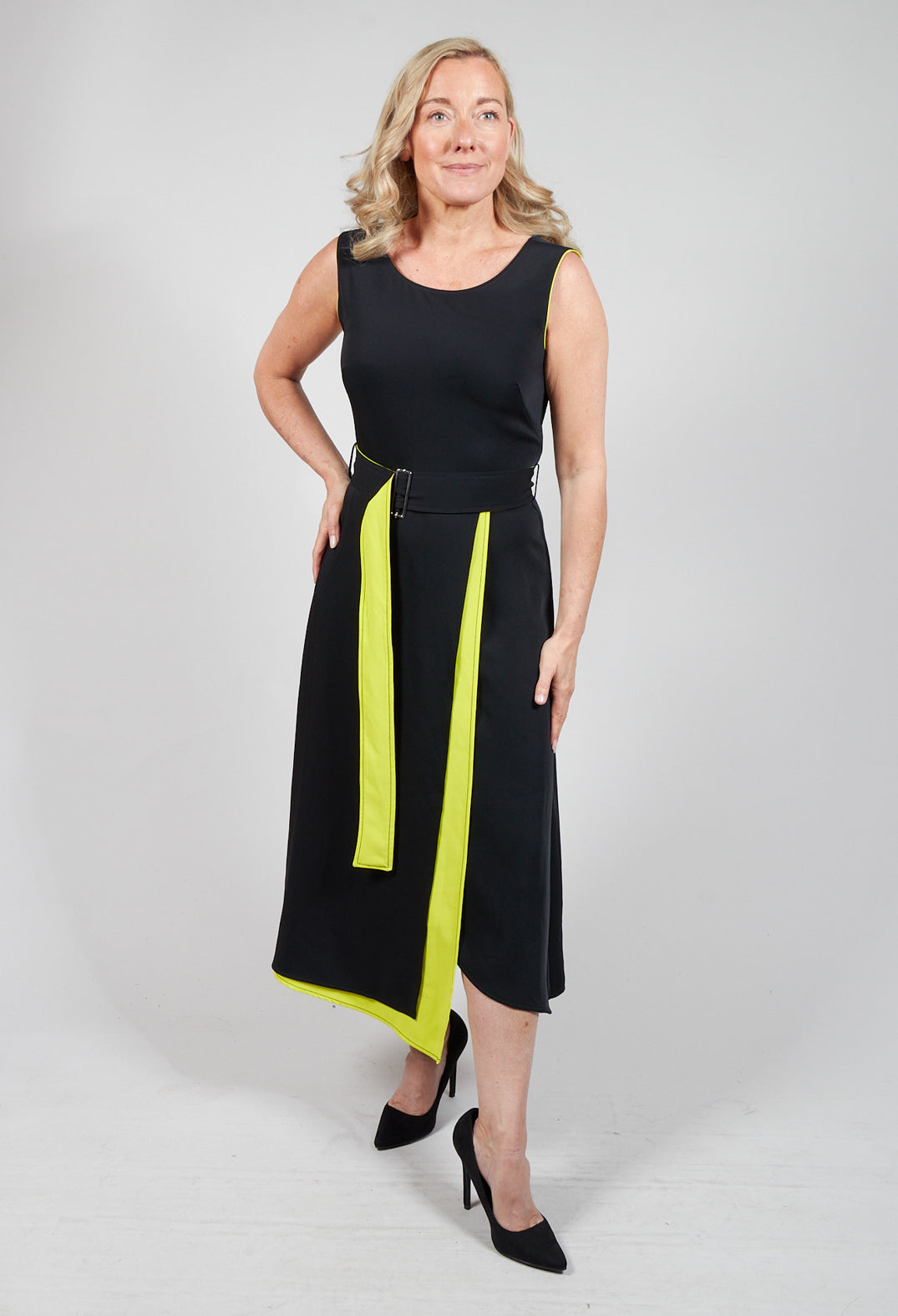 sleeveless dress in yellow fluorescent with waist belt