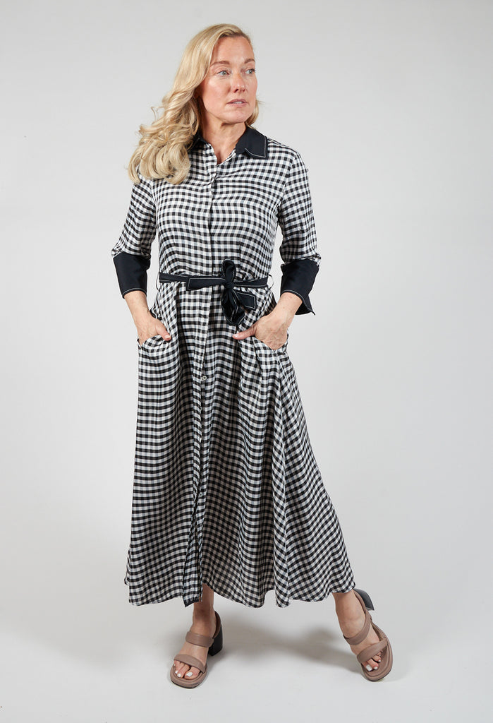 shirt dress in checked black with tie waist belt and button fastening